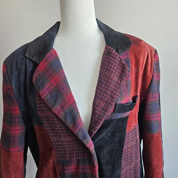 Vtg Brandon Thomas Suede Leather Patchwork Blazer Womens Sz‎ 10 Red Black Jacket - Picture 3 of 13